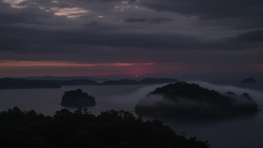 A dark seascape at dawn with mist drifting over small forested islands, creating the appearance of floating landforms under a deep blue and red horizon.