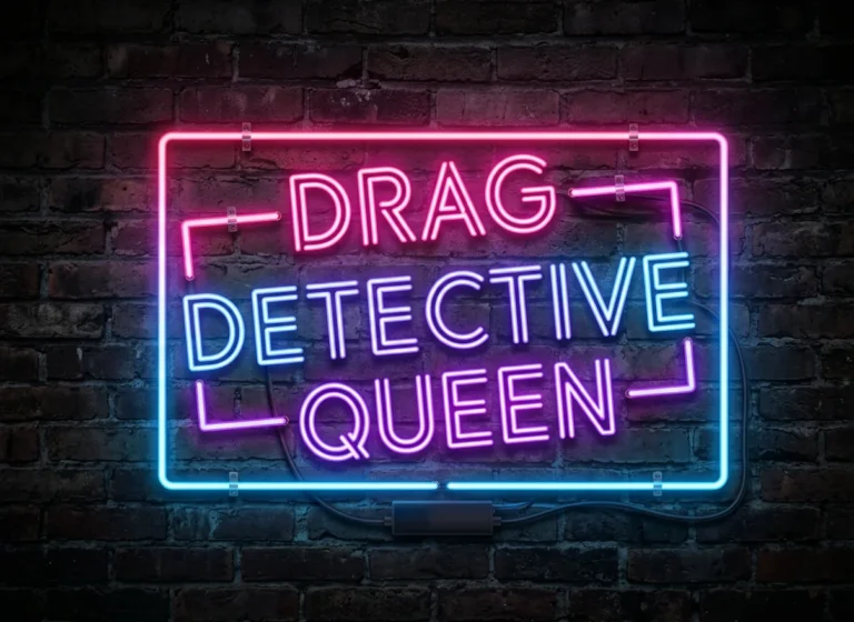 Drag Detective Queen neon sign glowing in pink and blue against a dark brick wall