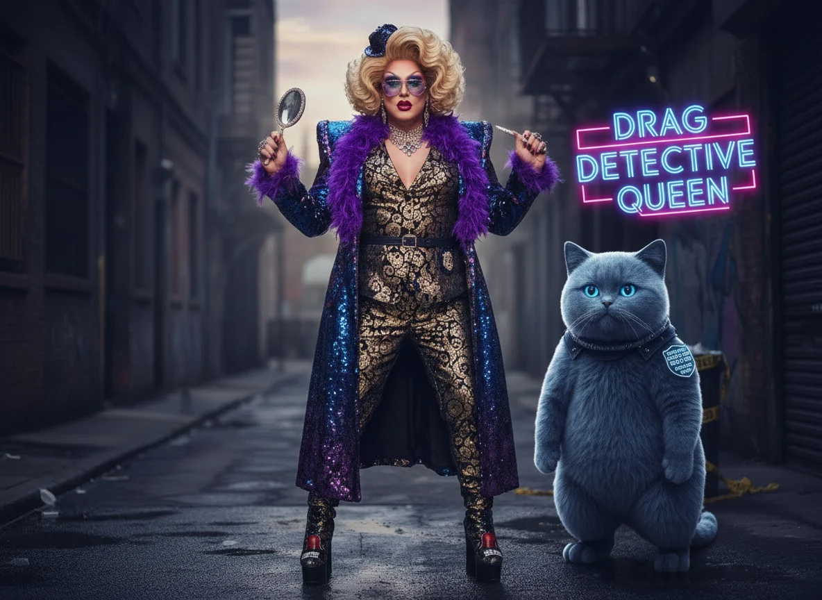 Drag Detective Queen banner — a glamorous drag queen detective in a sequin coat holding a magnifying glass, standing in a dark alley alongside a British Shorthair robot cat with glowing blue eyes. Neon sign reads "Drag Detective Queen".