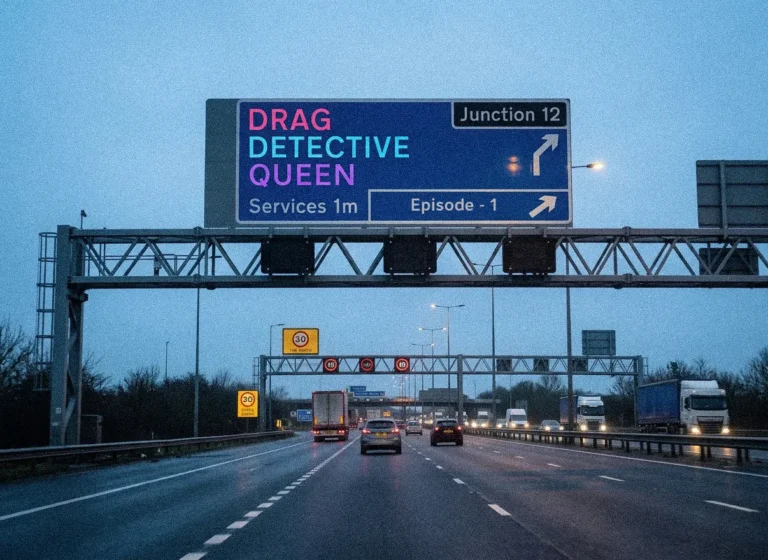 Motorway gantry sign at dusk displaying "Drag Detective Queen — Episode 1", with cars and trucks on the road below