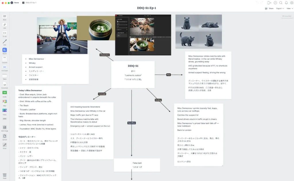 Drag Detective Queen Episode 1の制作ボード。キャラ設定、プロット、ビジュアル参考が並んでいる