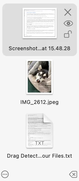 Yoinkにスクリーンショット、ポムスキーのももの写真、テキストファイルを一時保存している様子
