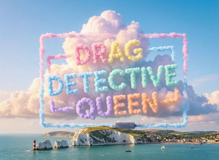 Drag Detective Queen lettering formed of pastel clouds floats above the Needles lighthouse and the white chalk cliffs of the Isle of Wight. Cover image for Episode 3: And Then There Were M.