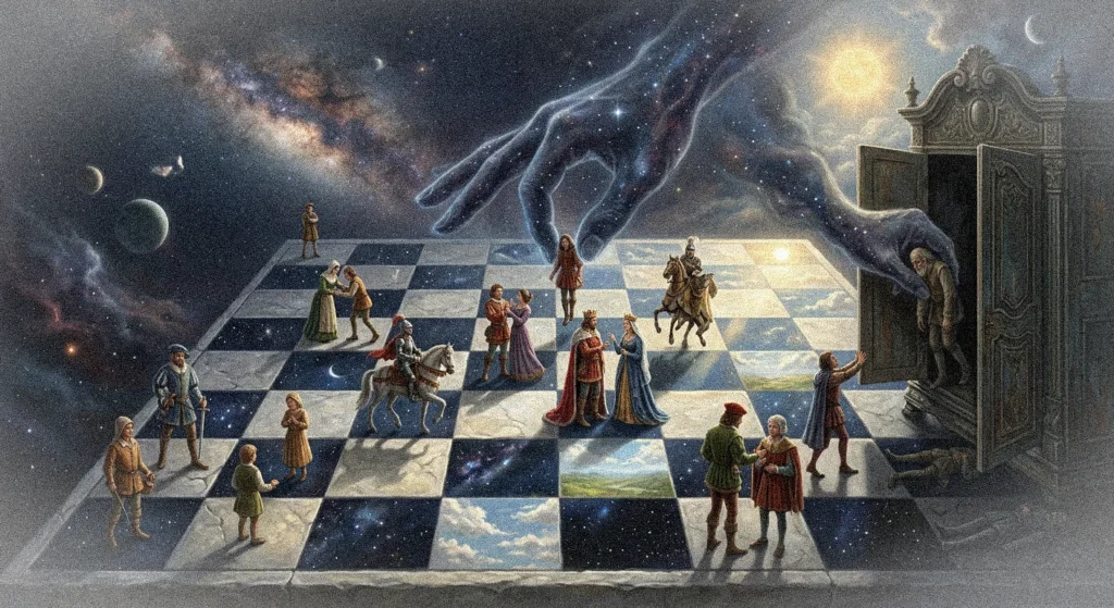 A celestial chessboard of night and day, where a giant star-filled hand moves medieval figures like chess pieces, with an open doorway at the right edge — an illustration of Omar Khayyám's Rubáiyát.