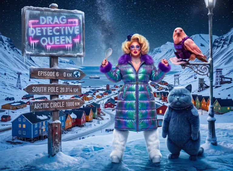 Miss Castling in an aurora-patterned iridescent down coat with purple faux-fur collar and white platform boots stands in a snowy Arctic town under a starry night sky, holding a hand mirror, with robot cat Sergeant Whiskers beside her and the raven AT perched on a lamppost in his purple gilet. A wooden signpost reads South Pole 20,014 km. Drag Detective Queen Episode 6: Puffin & Circumstance.