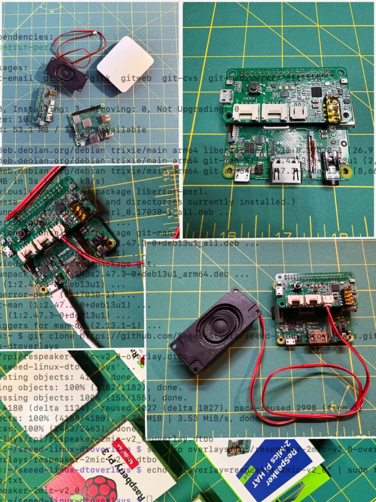 A patchwork of five photographs on a green cutting mat showing a Raspberry Pi computer being built: the parts laid out with a pink case and a black speaker, one green circuit board stacked on another, the speaker connected with red wires, and the cardboard boxes the parts came in. Lines of dark terminal text are laid over the photographs.