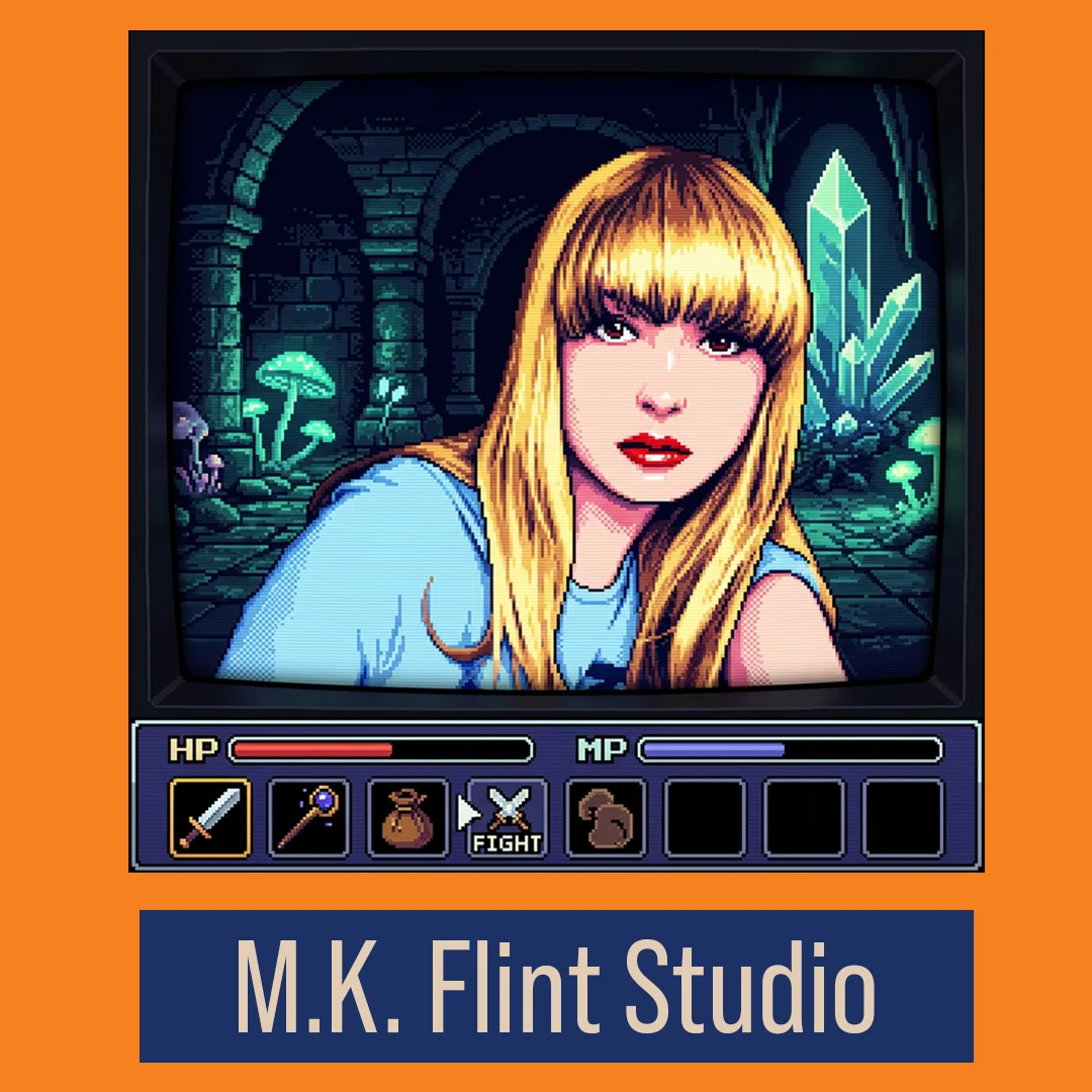 Pixel-art portrait of a blonde woman in a blue top on a retro CRT screen in a green cave, with an RPG status bar below. M.K. Flint Studio.
