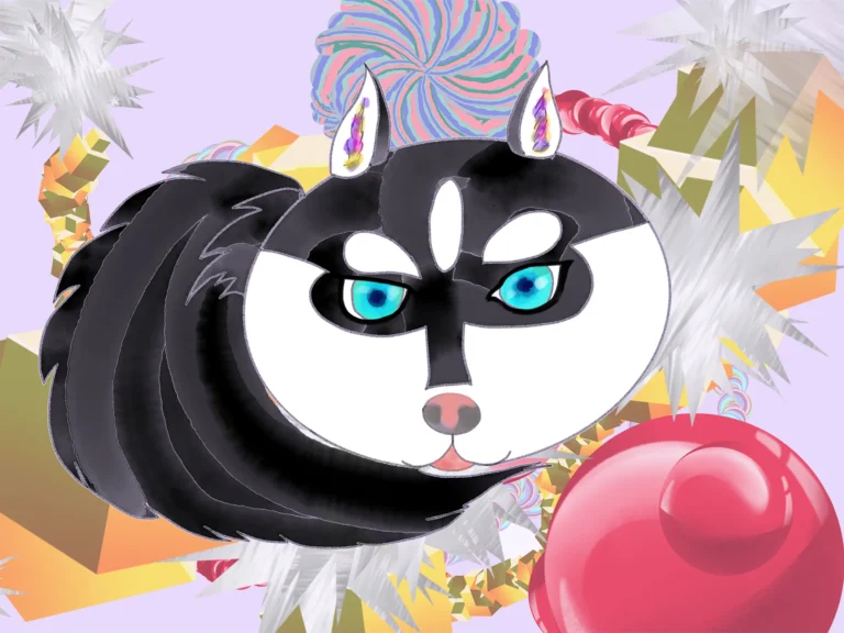 Hand-drawn illustration of Momo, a black and white Pomsky with bright blue eyes, wearing candy-striped pastel hair, with a red glossy ball and gold and silver crystals around her on a pale purple background. Original artwork by M.K. Flint.