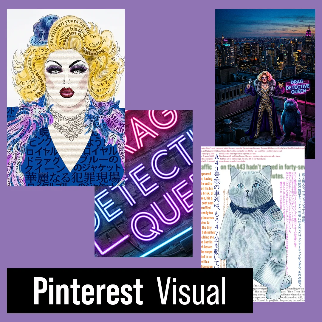 Collage of four Drag Detective Queen artworks: a typographic portrait of Miss Castling, a neon sign, a rooftop scene at night, and Sergeant Whiskers in text collage. Pinterest Visual.