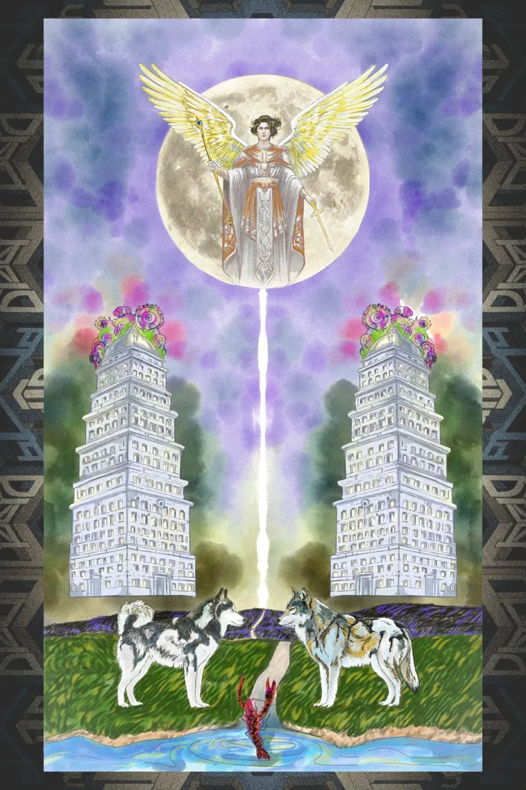 A winged archangel in white and orange robes stands within a full moon, holding a staff and a sword, above two Art Deco towers, a husky and a wolf facing each other, and a crayfish rising from the water, framed in a dark Art Deco pattern — The Moon by M.K. Flint.