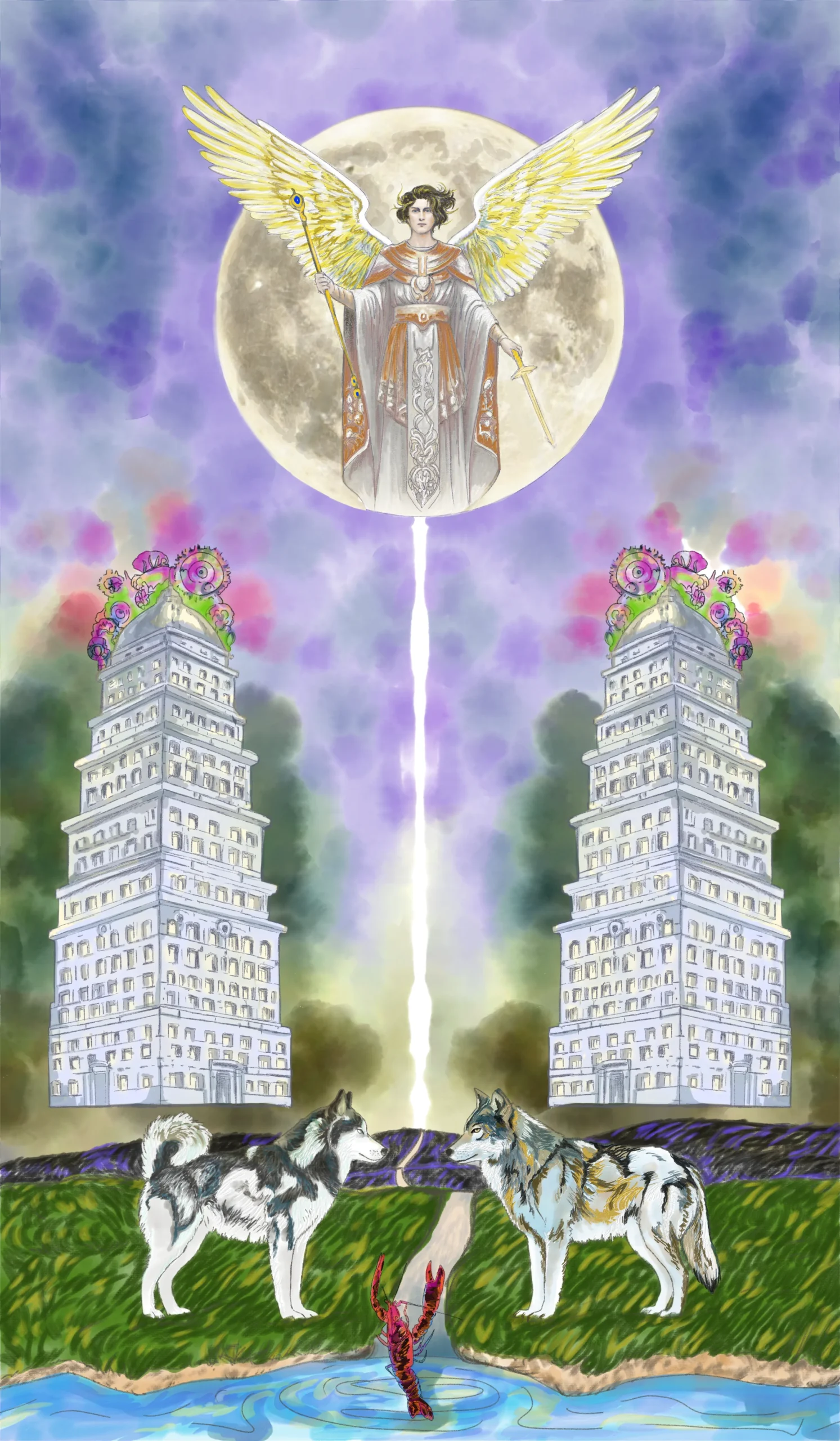 A winged archangel in white and orange robes stands within a full moon, holding a staff and a sword, above two Art Deco towers, a husky and a wolf facing each other, and a crayfish rising from the water — The Moon by M.K. Flint.