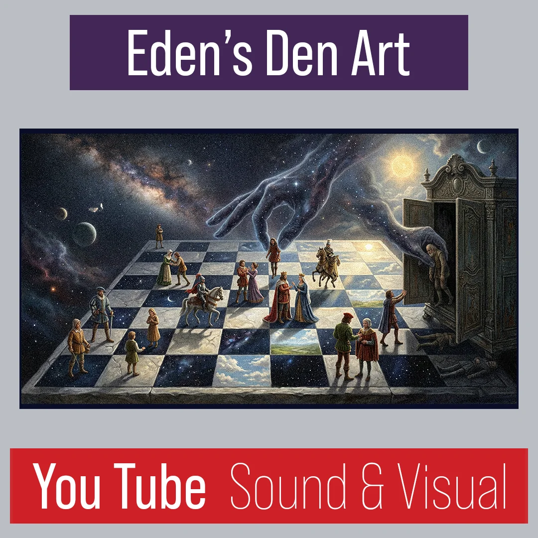 Painting of a cosmic chessboard with medieval figures under a giant hand of stars, next to an open wardrobe. Eden's Den Art, You Tube Sound and Visual.