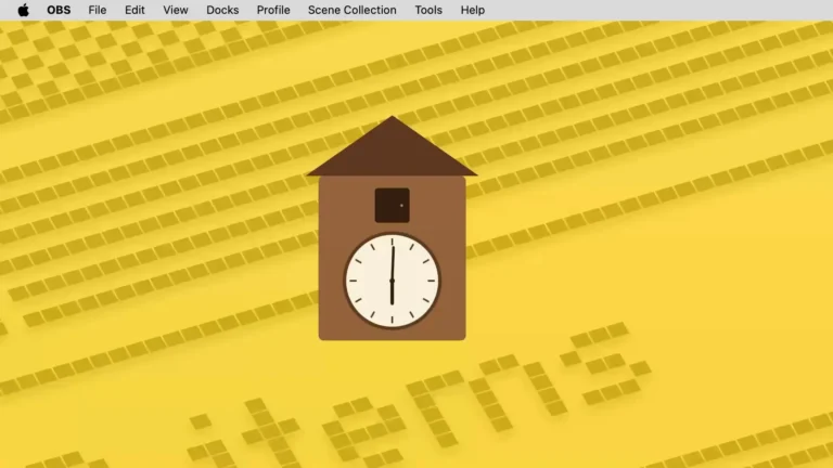 A still from a screen recording of a cuckoo clock app on a Mac: a brown cuckoo clock drawn in simple flat shapes, with a pointed roof, a small dark door and a round cream clock face whose hands stand straight up and down. It sits on a yellow background patterned with diagonal rows of raised yellow blocks, and the OBS menu bar runs along the top.