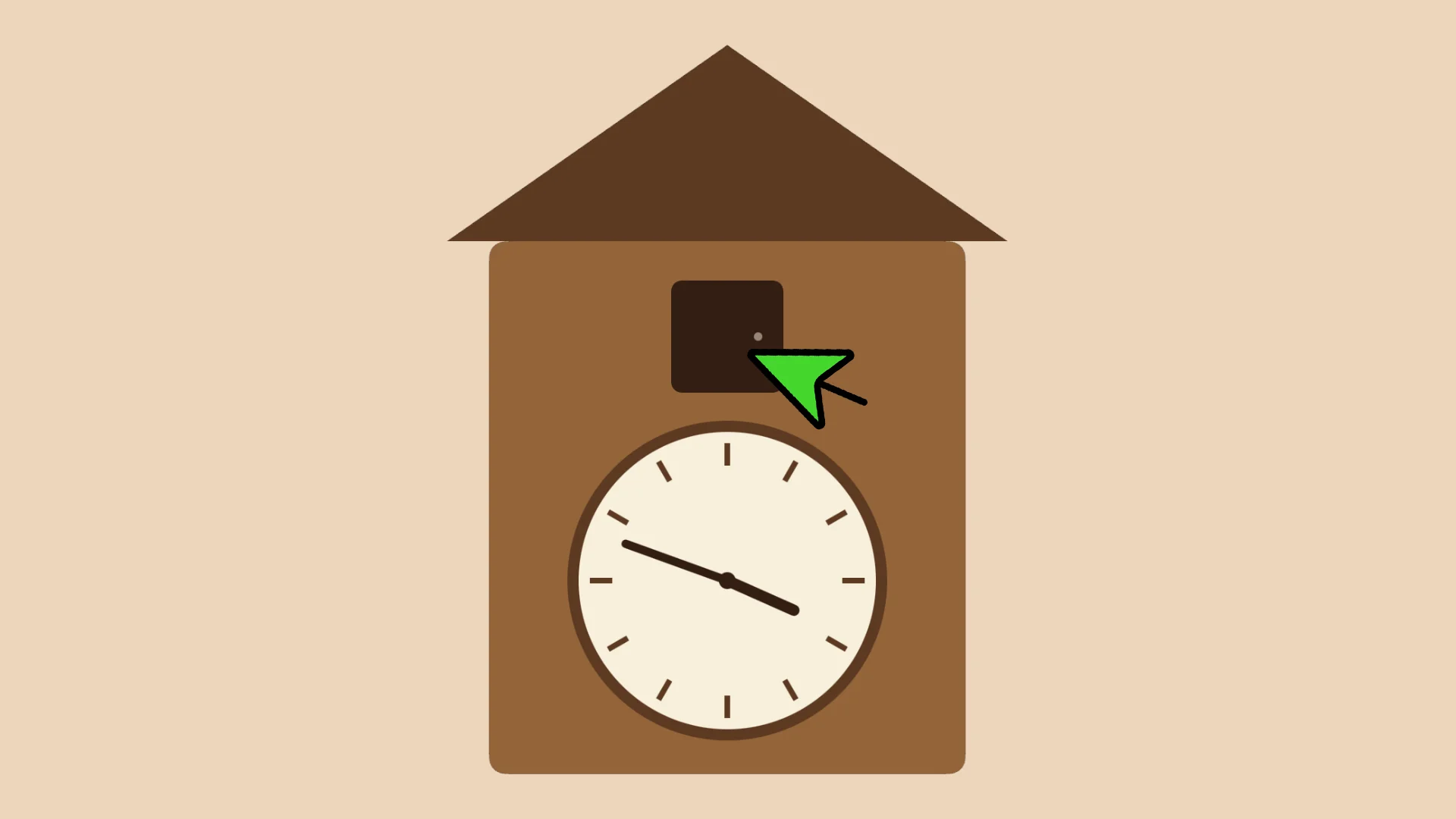 A green arrow cursor clicking the little door above the dial of the Cuckoo Clock.