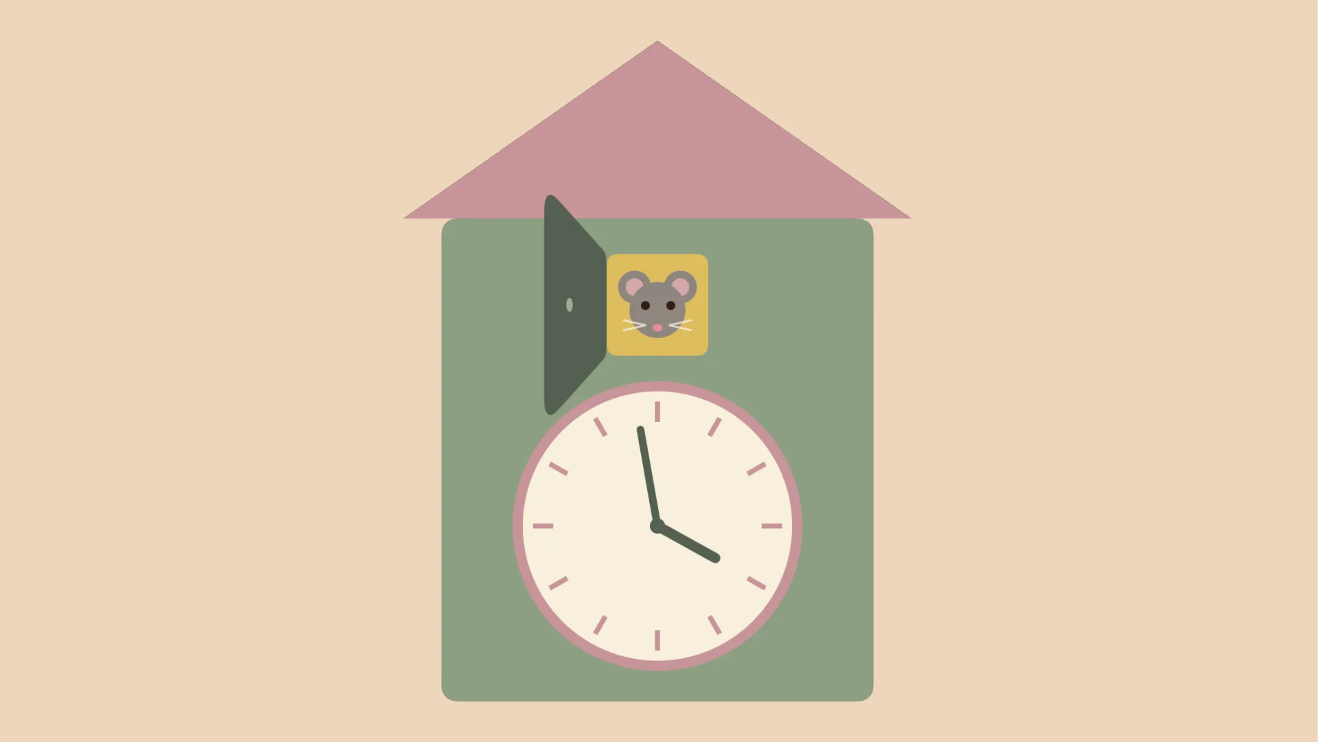 The Cuckoo Clock muted: the house turns soft green and pink, and a grey mouse sits in the open doorway in place of the bird.