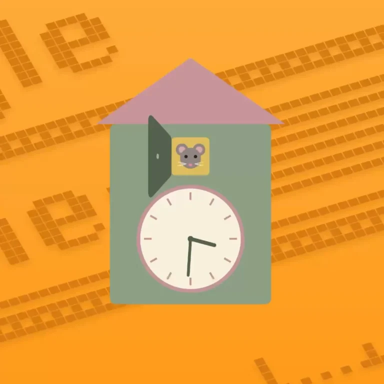 　A still from a screen recording of a cuckoo clock app on a Mac: a sage-green cuckoo clock drawn in simple flat shapes, with a dusty pink pointed roof and a dark green door swung open to show a small grey mouse in a yellow window. Below it, a round cream clock face reads half past three. The clock sits on an orange background patterned with d