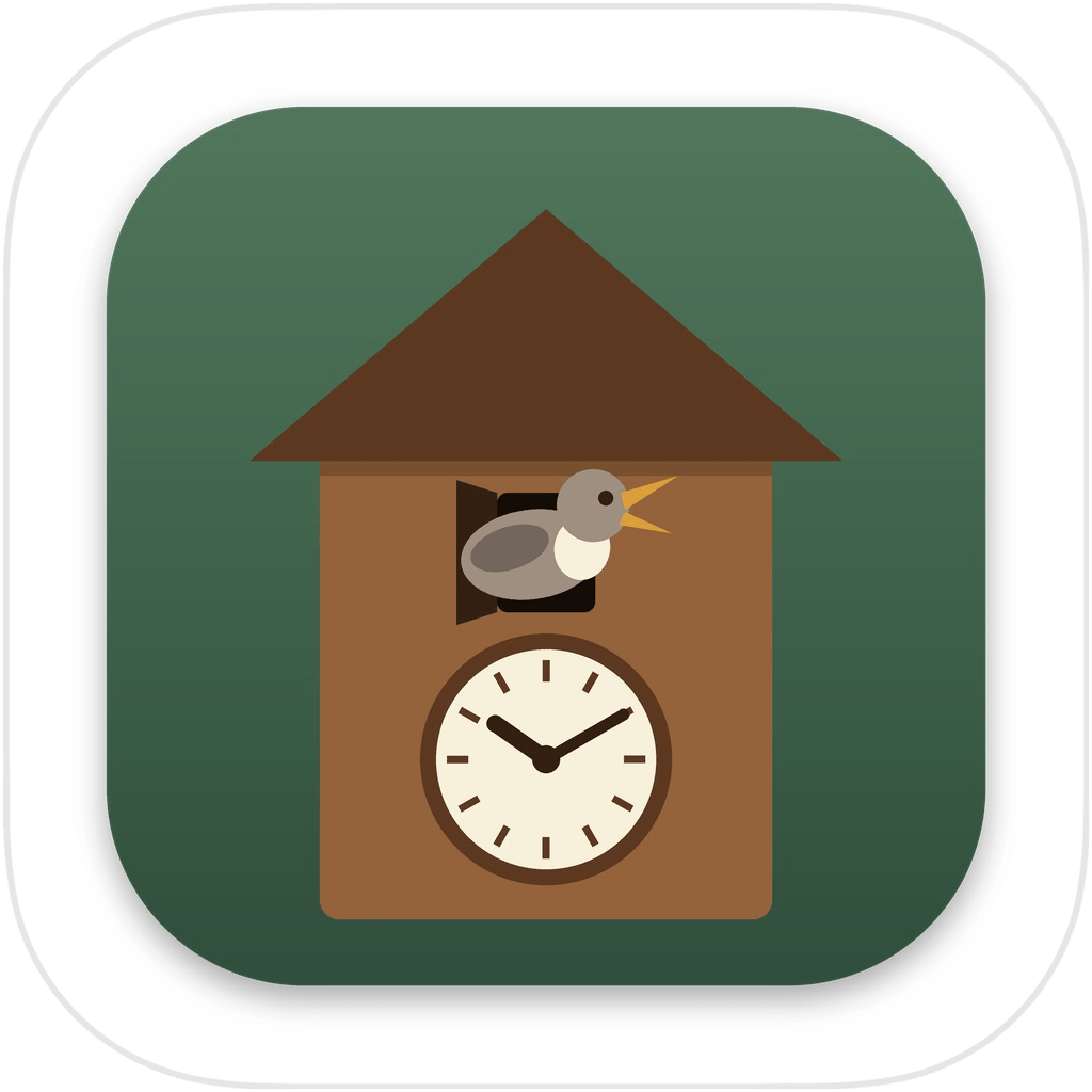 Cuckoo Clock app icon: a brown wooden cuckoo clock with a little bird at its door, on a green background.