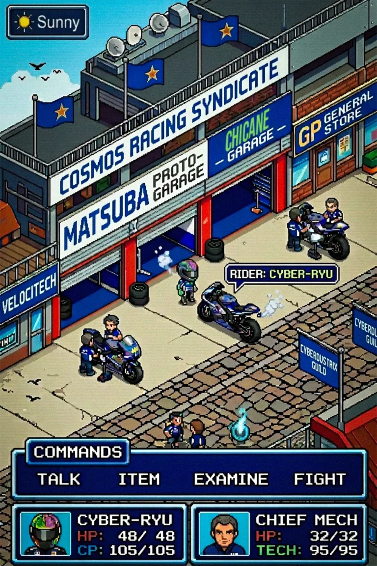 Retro game-style pixel art of a sunny motorcycle racing paddock seen from above: pit garages under banners reading Cosmos Racing Syndicate, Matsuba Proto-Garage and Chicane Garage, star flags on the rooftop, a rider in a green-striped helmet beside a blue racing bike tagged "Rider: Cyber-Ryu", and mechanics working on other bikes, with an RPG command menu and status panels for Cyber-Ryu and Chief Mech along the bottom — Cyber-Ryu MOTO by M.K. Flint.